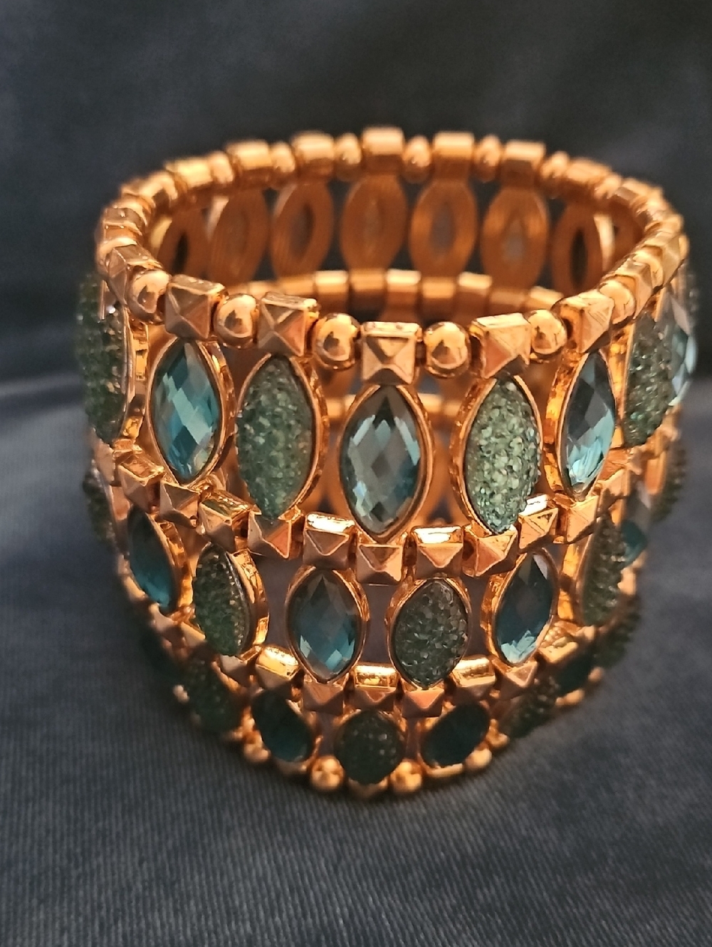 Gold-Tone Bracelet with Teal Crystals - Women's Stretch Multi-Row Bracelet